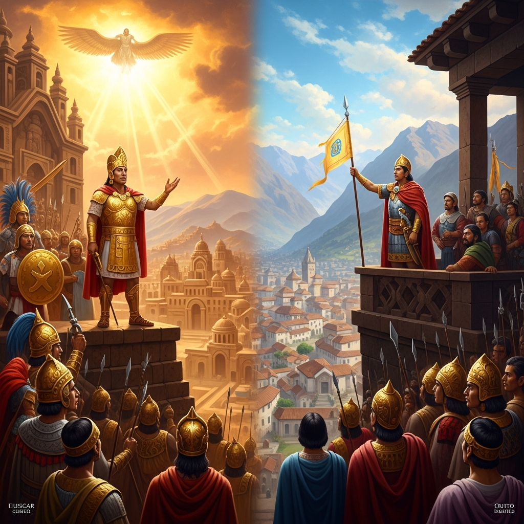 Huáscar in Cuzco and Atahualpa in Quito: two sons of the same divine father, each commanding half an empire's army, meeting in battle along the length of the royal road while Pizarro's ships are still off the coast deciding whether to land.
