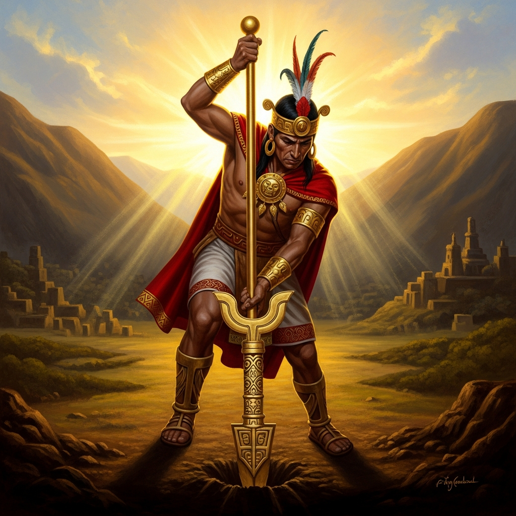 Manco Cápac drives the golden tupayauri into the floor of the Valley of Cuzco with a single thrust and watches it sink. The earth accepts the staff. The wandering is over. The empire begins here.
