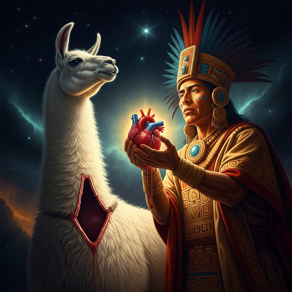 The sacrifice: the white llama is brought forward, its heart removed while still beating; the Villac Uma — high priest — reads the convulsions of the still-living organs for the omens that will govern the next year's agriculture and war.