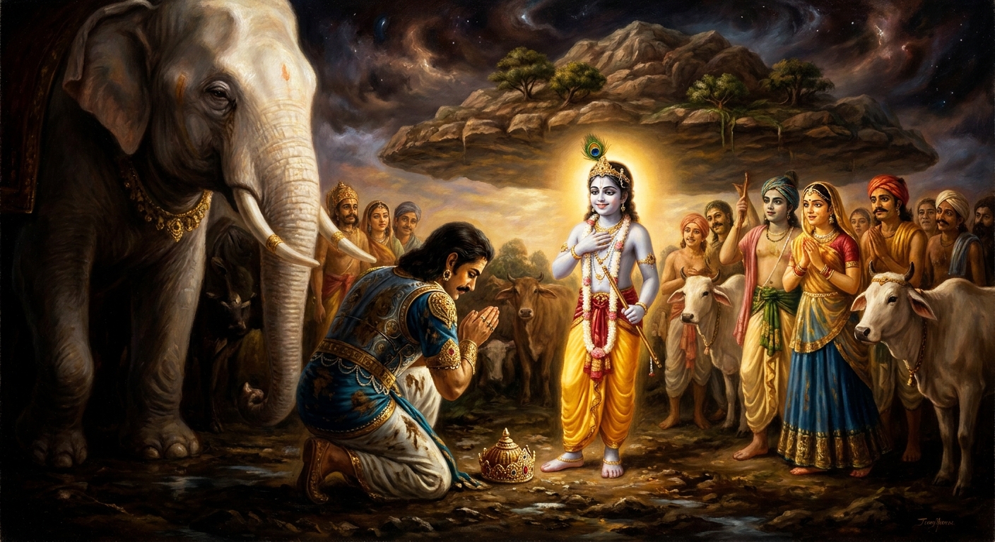 The storm breaks. Indra descends from his cloud-chariot, removes his crown, and bows to the child cowherd who has not once raised his voice against him.
