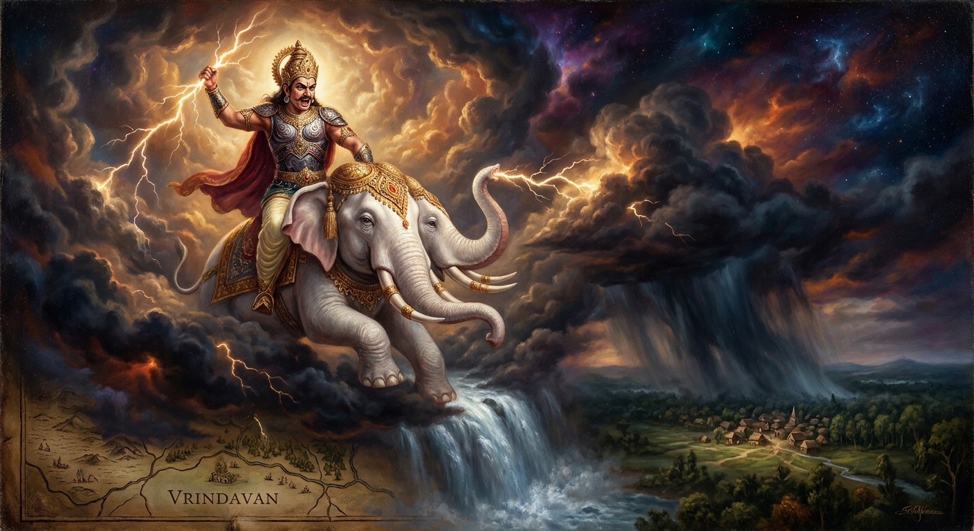 Indra's seven-day deluge — lightning stacked to the horizon, walls of water crashing down the hillsides, the Yamuna rising toward the village walls — the full fury of the king of heaven aimed at one valley.