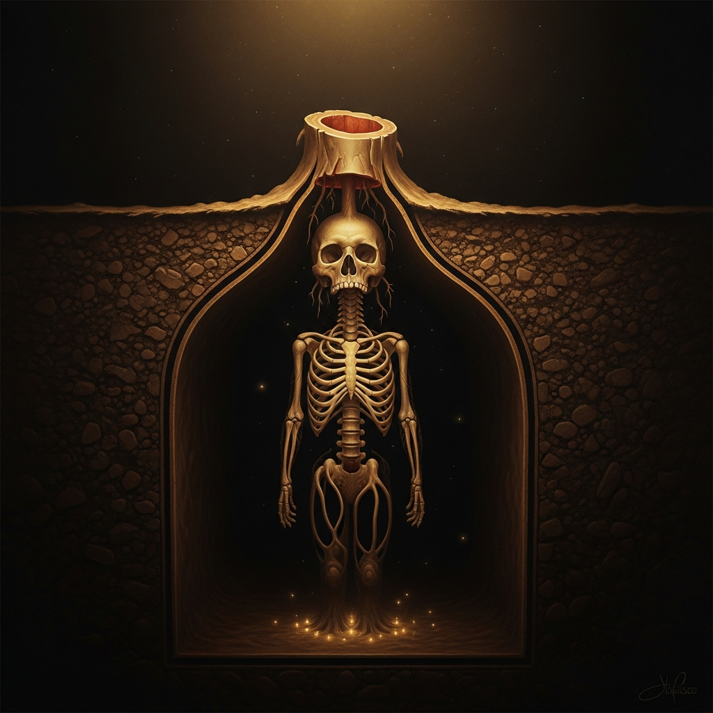 Underground beneath Cusco in deep cross-sectional view — the severed head of Inkarri in the dark earth, and from the neck stump a body slowly growing downward through the soil, spine and ribs emerging from the base of the skull, the soil glowing faintly around the growing form.