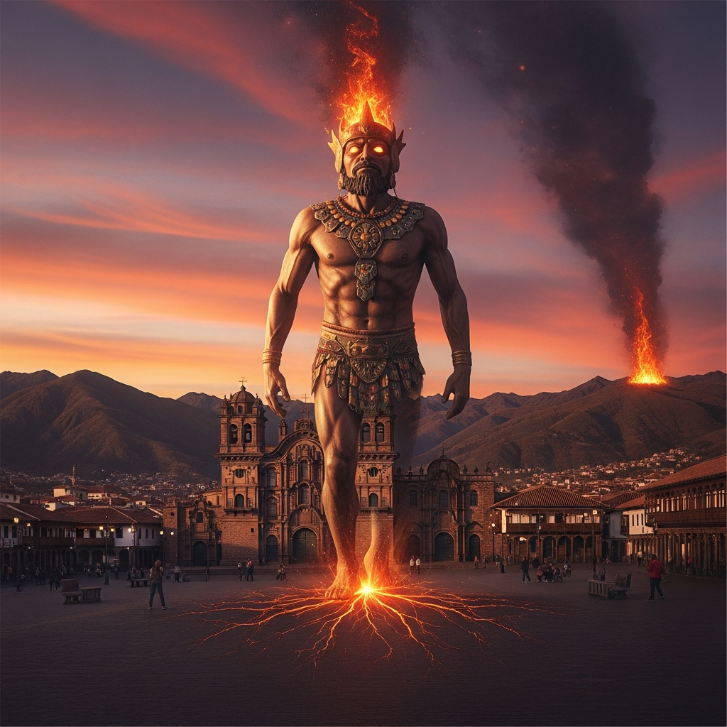 A vision of the Andean world-reversal — Inkarri rising whole from the earth in the Plaza de Armas of Cusco, the colonial cathedral behind him cracking at its foundation, the mountains surrounding the city catching fire at their peaks, the sky turning the deep rose color of dawn.