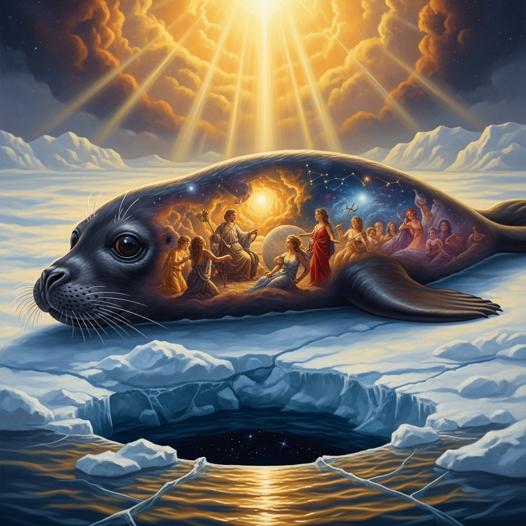 A seal surfacing at a breathing hole, its eye catching the low winter light. Inside the seal, visible only in the tradition's understanding: the inua, the person-within, which looks at the hunter with the same quality of recognition with which the hunter looks at it. Two intelligences, briefly, in the same frame.