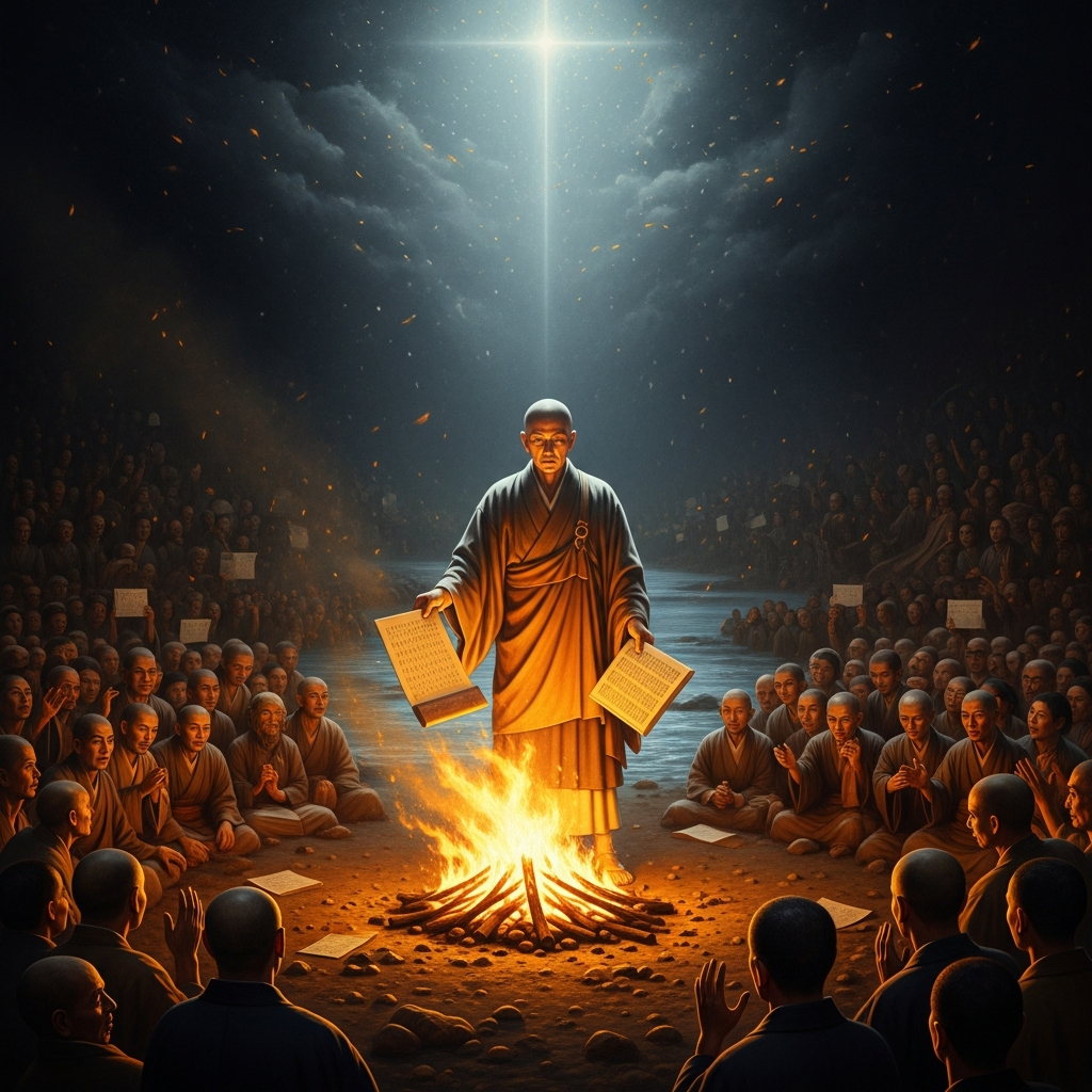 Koyano, Hyōgo Province, 1289. The riverbank. Ten thousand people. Ippen feeds his remaining sutras to the fire. He has no more need of texts.
