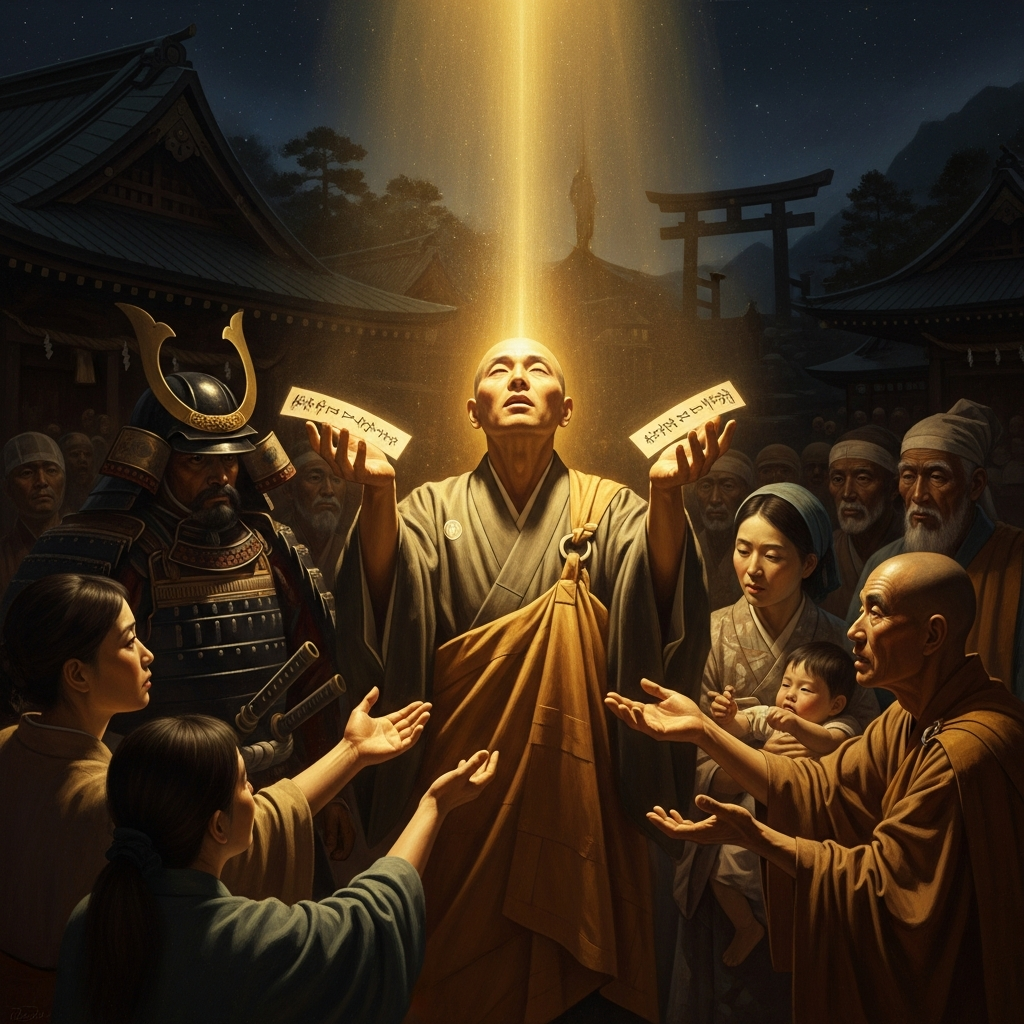 Kumano Shrine, 1274. Ippen receives a revelation that the nembutsu is efficacious for all beings regardless of their faith. He begins distributing fuda without condition.