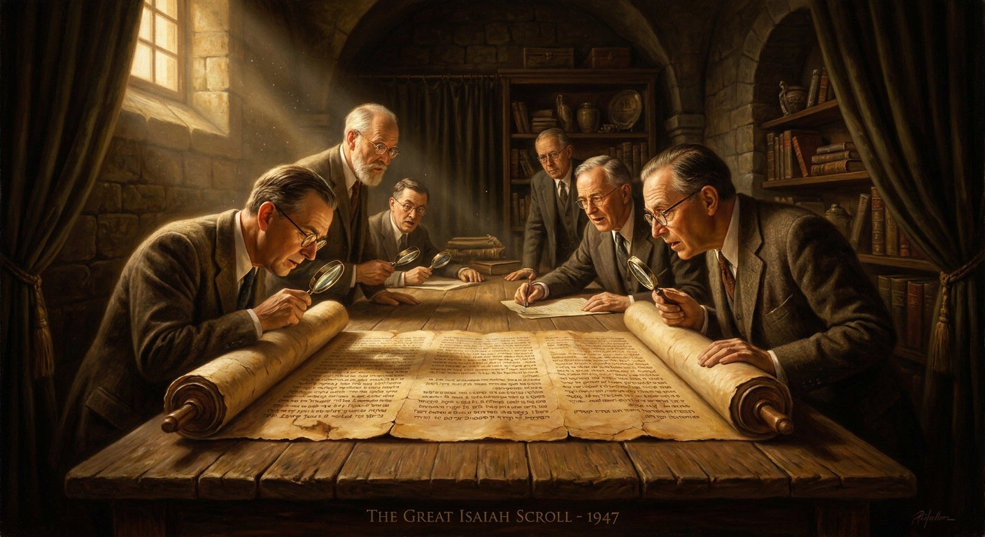 The Great Isaiah Scroll (1QIsa-a), unrolled — all 66 chapters of Isaiah on a continuous strip of parchment, seven meters long, dated to approximately 125 BCE. When scholars compared it to the Masoretic Text compiled a thousand years later, the differences were almost nothing.