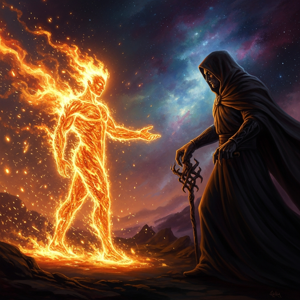 Ishum, the divine fire, speaks to Erra in the language of flattery — the only language capable of returning chaos to its temple.