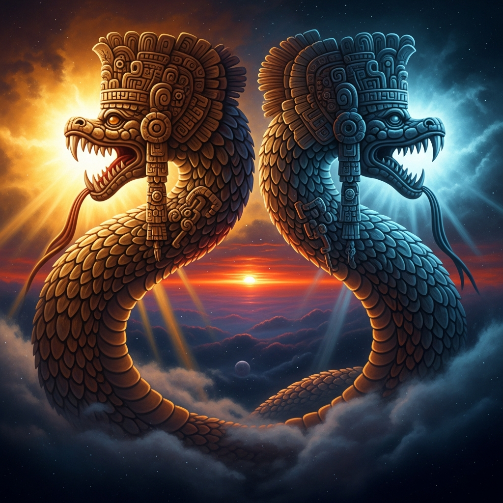 Itzamna as the two-headed celestial serpent through whose body the sun rises and sets — the cosmic interval that measures the first day from the last night.