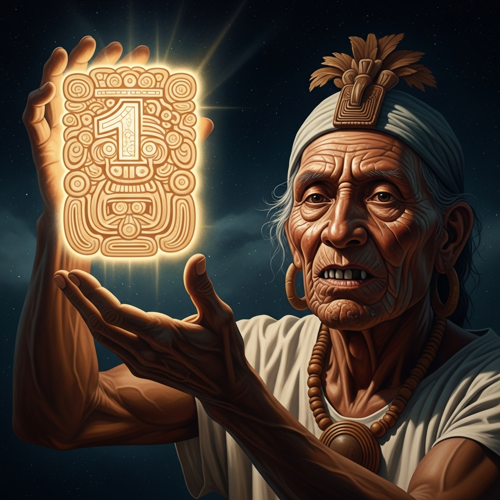 Itzamna, depicted as an old man with a toothless jaw and great age in his face, holds the first glyph of the Long Count above a dark and undivided cosmos.