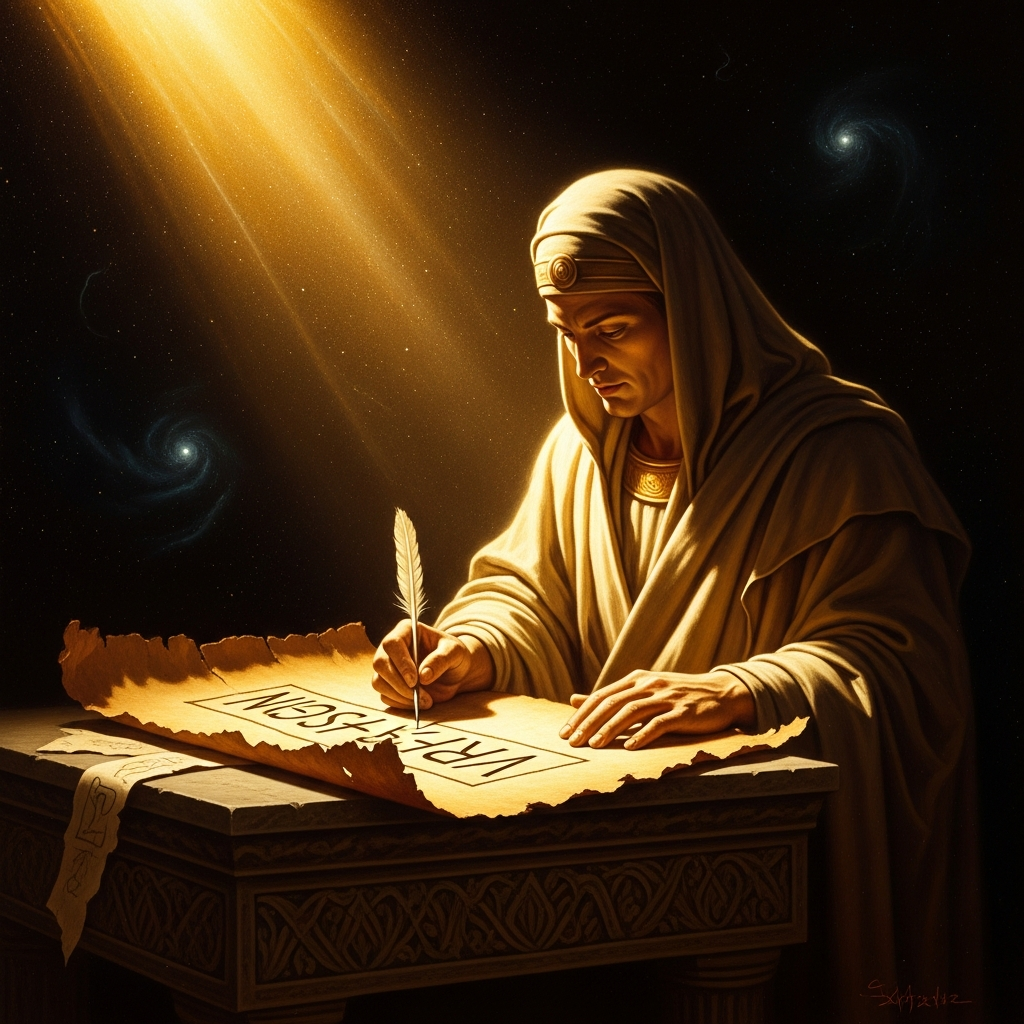 The Lord of the Heavens inscribes the first day-sign on bark paper — the world made legible, time made countable, history made possible.