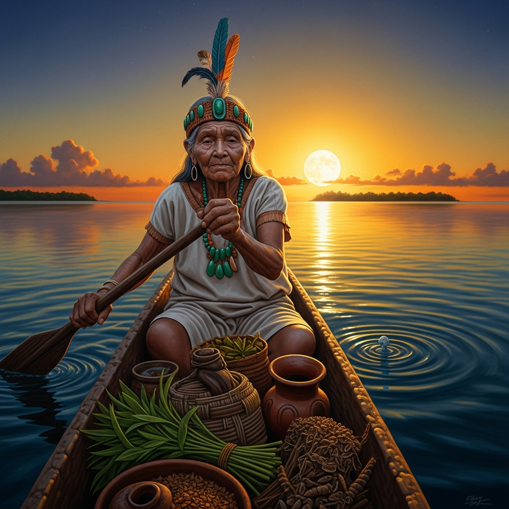 A healer-woman paddles a dugout canoe across the channel from the Yucatan coast toward Cozumel at dusk, the moon rising ahead of her over the water.