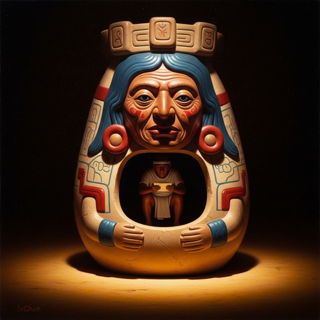 The hollow clay idol of Ixchel in her shrine at Cozumel, old-woman face painted blue and red, the priest crouched inside ready to give the oracle's answer.