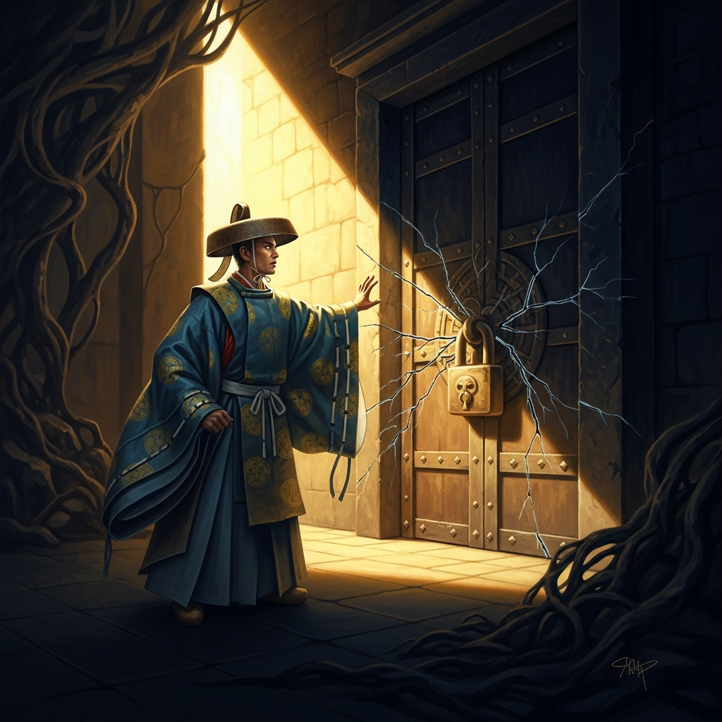 Izanagi descends into Yomi — the flat dark beneath the world. He calls to Izanami through the sealed door of the hall of the dead. Her voice answers from the other side.