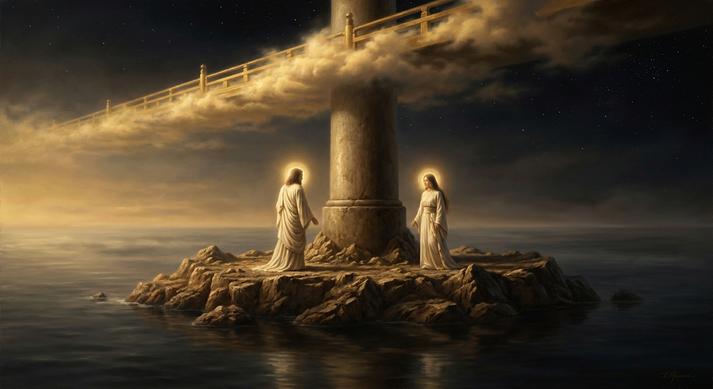 They descend to Onogoro and raise the Pillar of Heaven. They circle it — she speaks first, then he — and the marriage is made.