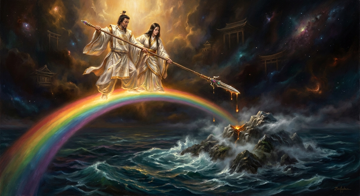 The Floating Bridge of Heaven. Izanagi lifts the Jeweled Spear over the churning brine below — chaos without name, without shore.