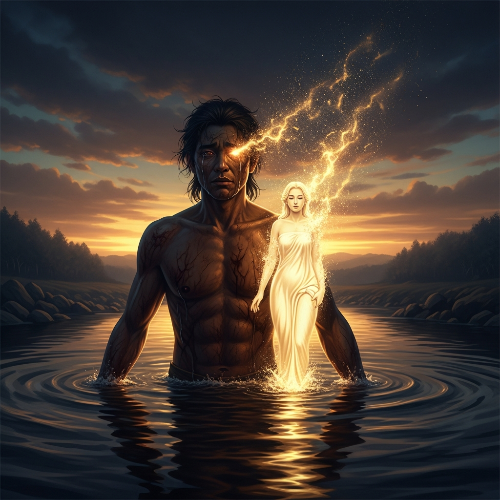 Izanagi wades into the river at Ahaji at dawn, chest-deep in cold water, his face haggard with grief and the horror of what he has seen in Yomi. His left eye glows with sudden golden radiance as Amaterasu is born — the sun goddess emerging from his tears dissolving into the river, her light erupting across the water and the sky simultaneously, dramatic chiaroscuro, oil painting rendering.