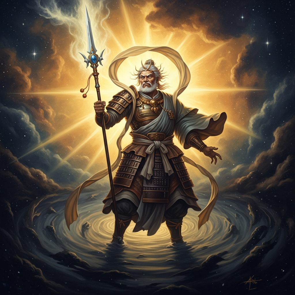 From Izanagi's nose, Susanoo erupts — not light but storm, a dark figure surrounded by churning wind and rain, born from snot and grief and weeping, already wild, already inconsolable, the god of the storm crying out in the voice of his own nature.