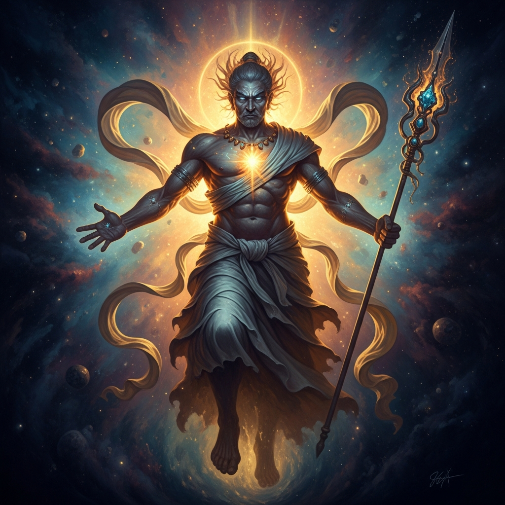 From Izanagi's right eye, Tsukuyomi is born — a calm, silver light rising from the river's surface as moonrise, the god of the moon standing apart from his sister's golden radiance, already turning his face away, already beginning the separation that will divide day from night forever.