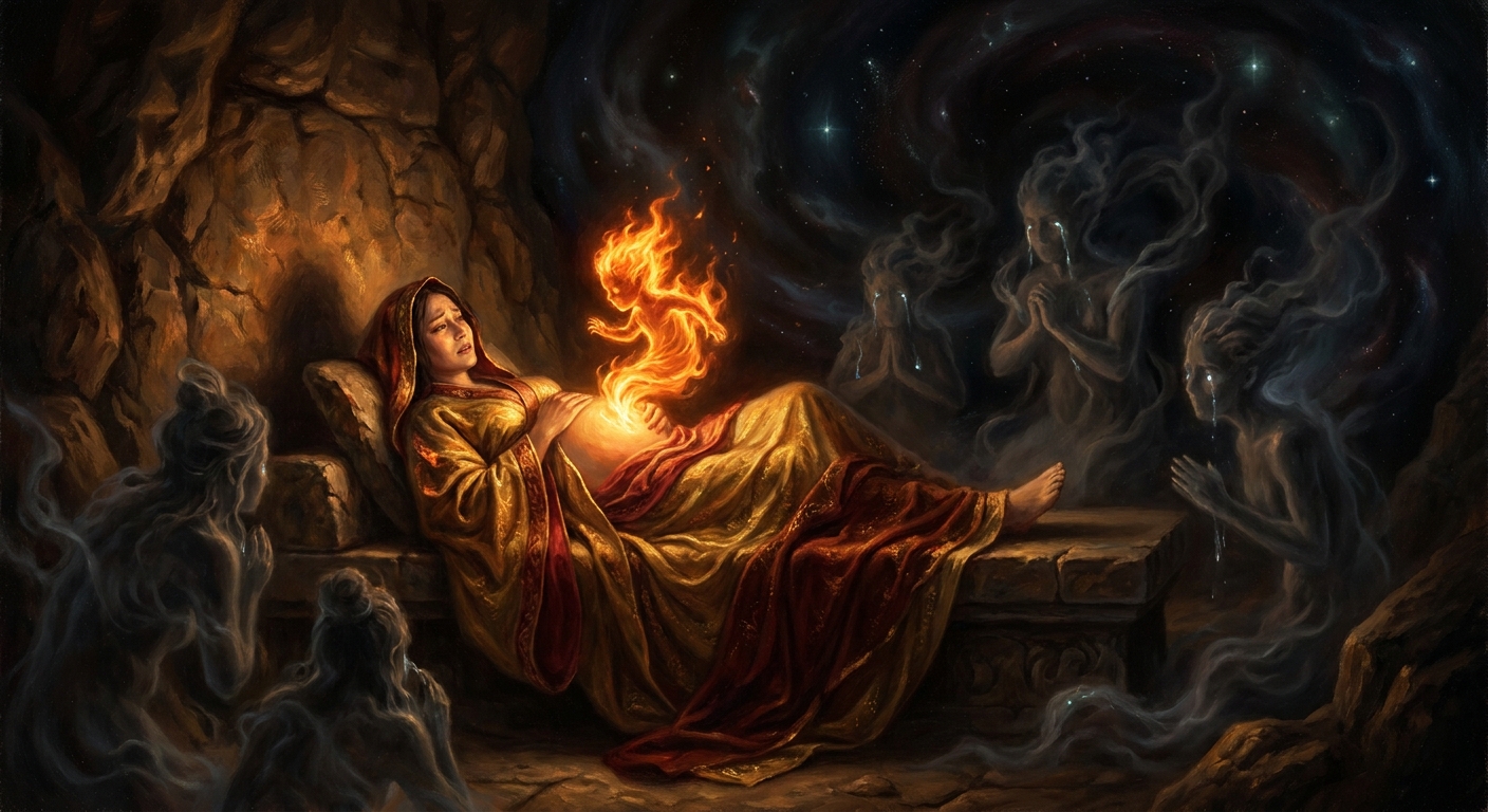 Kagutsuchi, the fire god, burns his way into the world. Izanami's body yields god after god as she dies — earth, stone, metal, mountain.