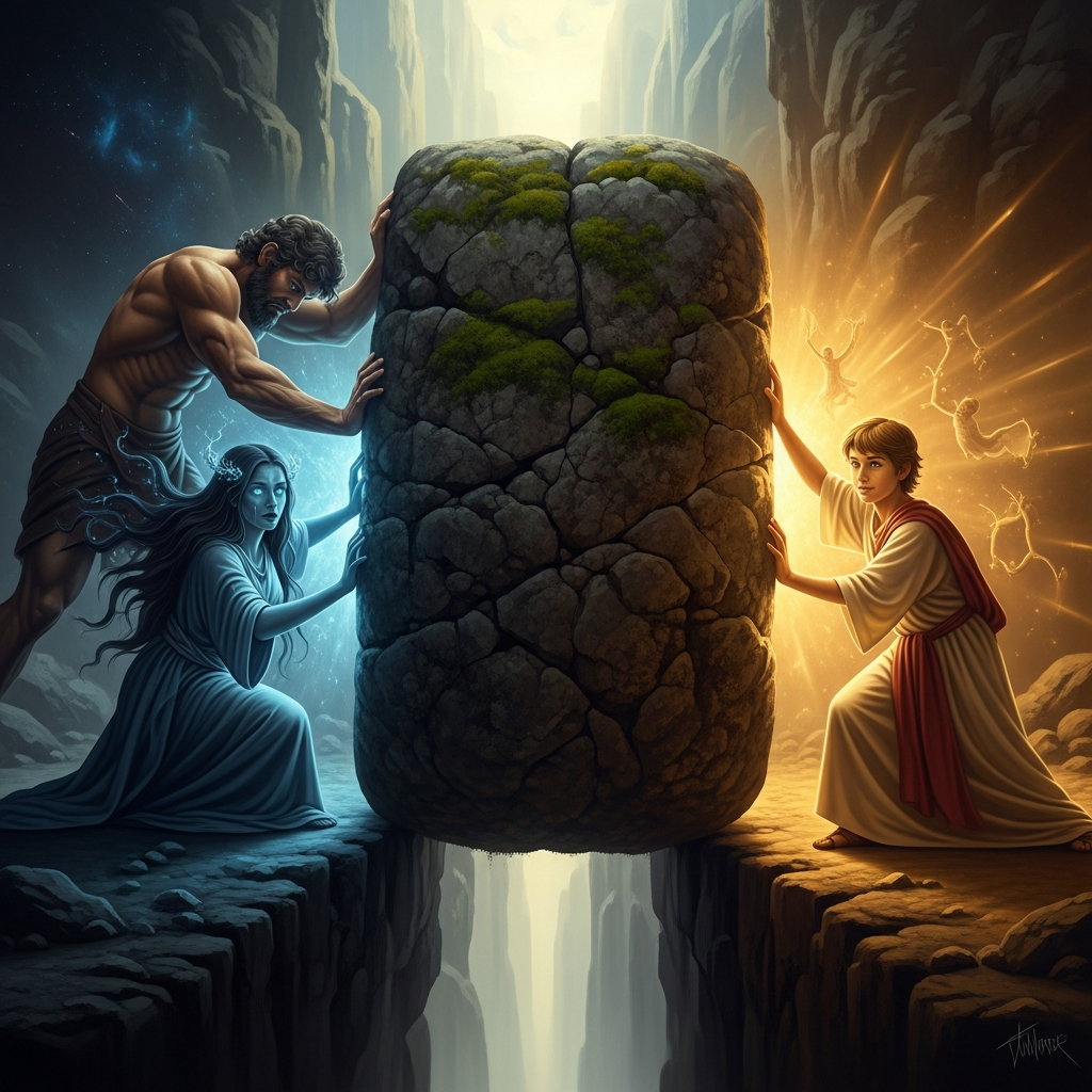 He seals the pass with the Great Boulder. They call through it to each other — her promise of death, his promise of birth — across the stone that divides the world forever.
