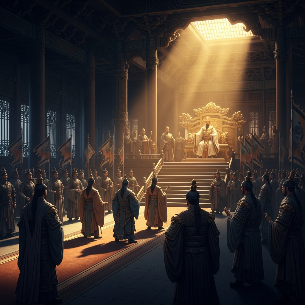 The Jade Emperor on his celestial throne, the thirty-six heavenly generals arrayed before him, the ministries of Thunder, Fire, Water, and the Five Mountains represented by their department heads. The hall is larger than the Tang imperial palace and modeled on it precisely.