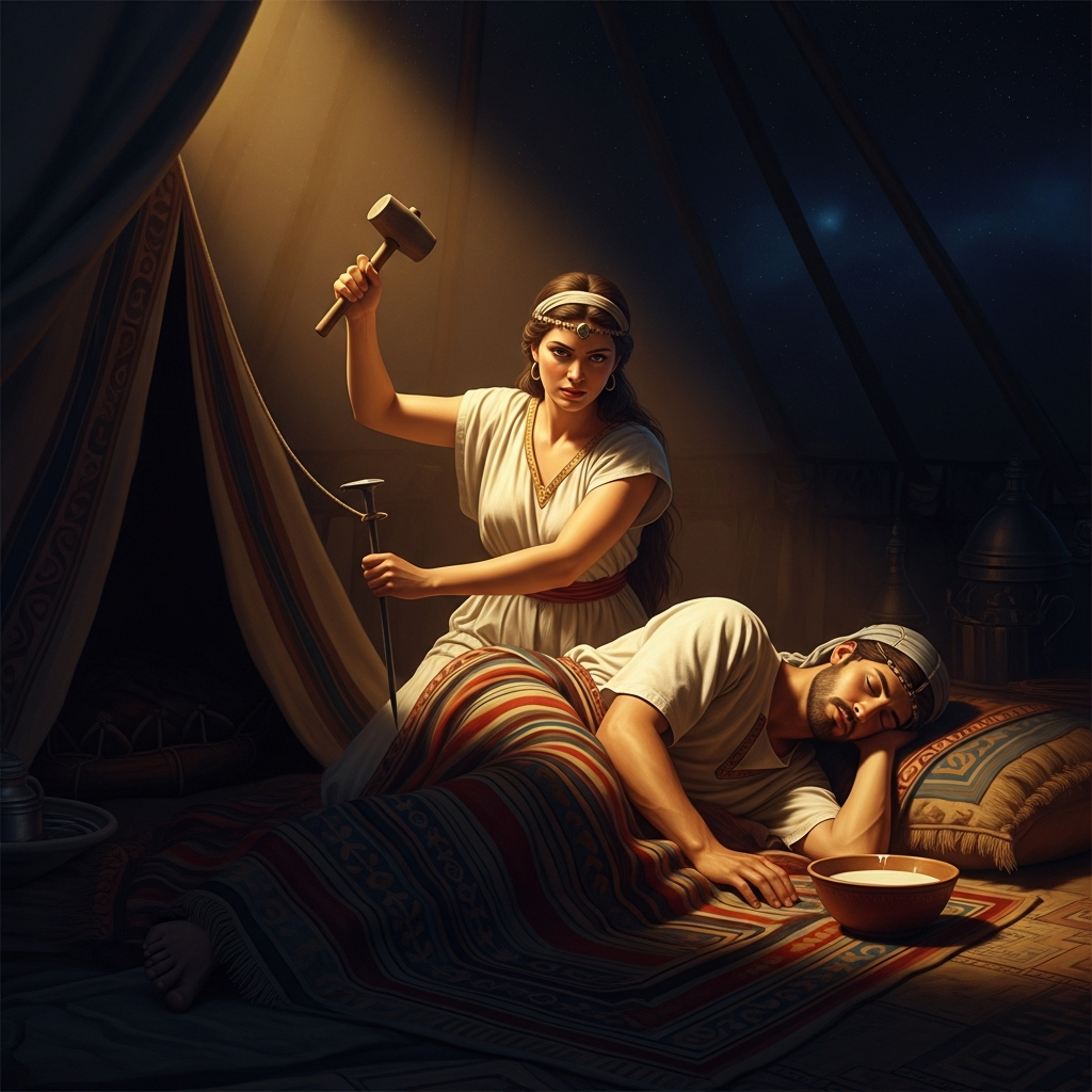 Sisera, the greatest commander in Canaan, sleeps in a woman's tent. She has covered him with a rug, given him milk, stood in the door so no pursuer will look further. When he is deeply asleep she takes a tent peg and a mallet and does what she came here to do. The Song of Deborah calls her 'most blessed of women in the tent.'