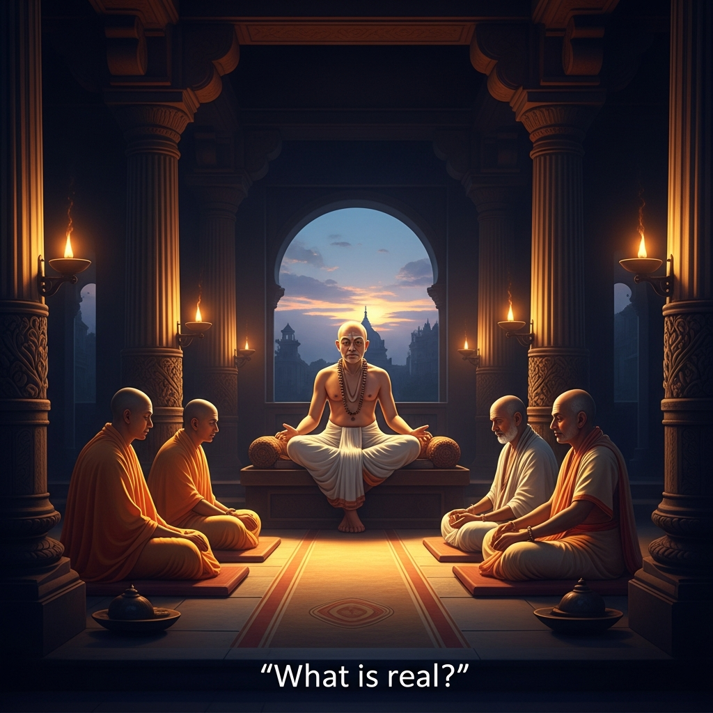 The assembly hall at dusk. Oil lamps on every pillar. A Buddhist monk seated on the left, a Vedantin brahmin on the right, the Jain acharya in the center on a slightly raised seat. The question on the floor: what is real?
