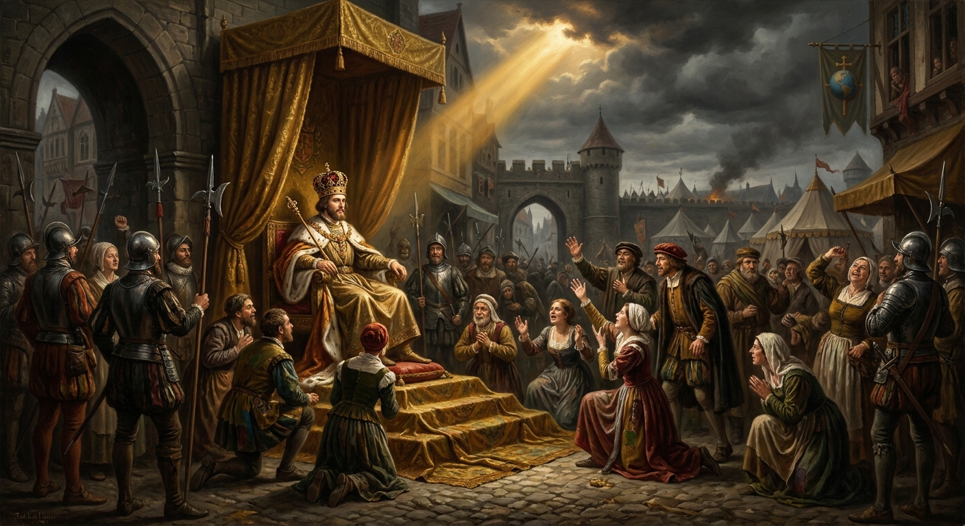 September 1534. Jan van Leiden, a Dutch tailor, is crowned king of the New Zion in the cathedral square. Twelve elders, polygamy authorized for all believing men, the city's gold melted into a globe at his feet. He takes sixteen wives, including the widow of his predecessor Jan Matthys, who had ridden out alone against the besiegers and been hacked to pieces.