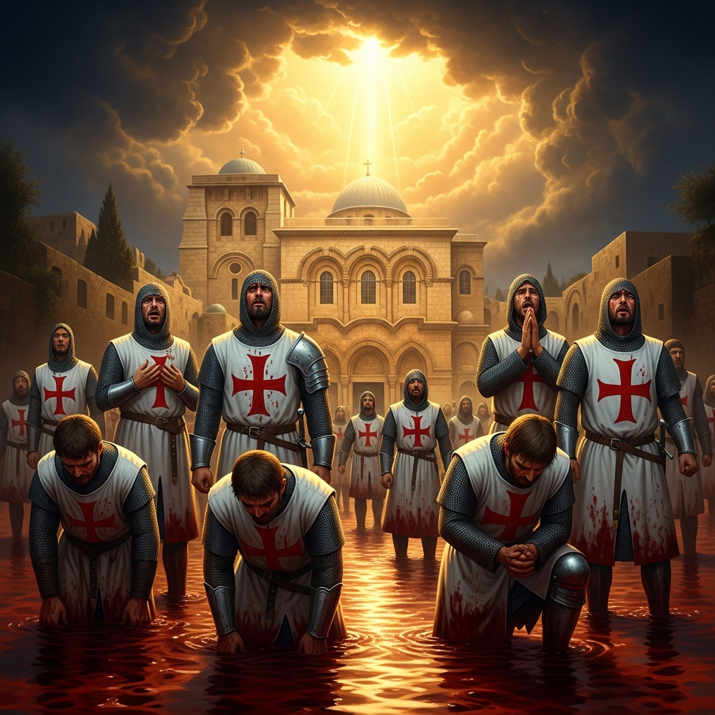 The crusaders walk through the blood to the Church of the Holy Sepulchre. They kneel. They weep. They thank God for what they have just done. None of them, in their own writings, sees the contradiction.