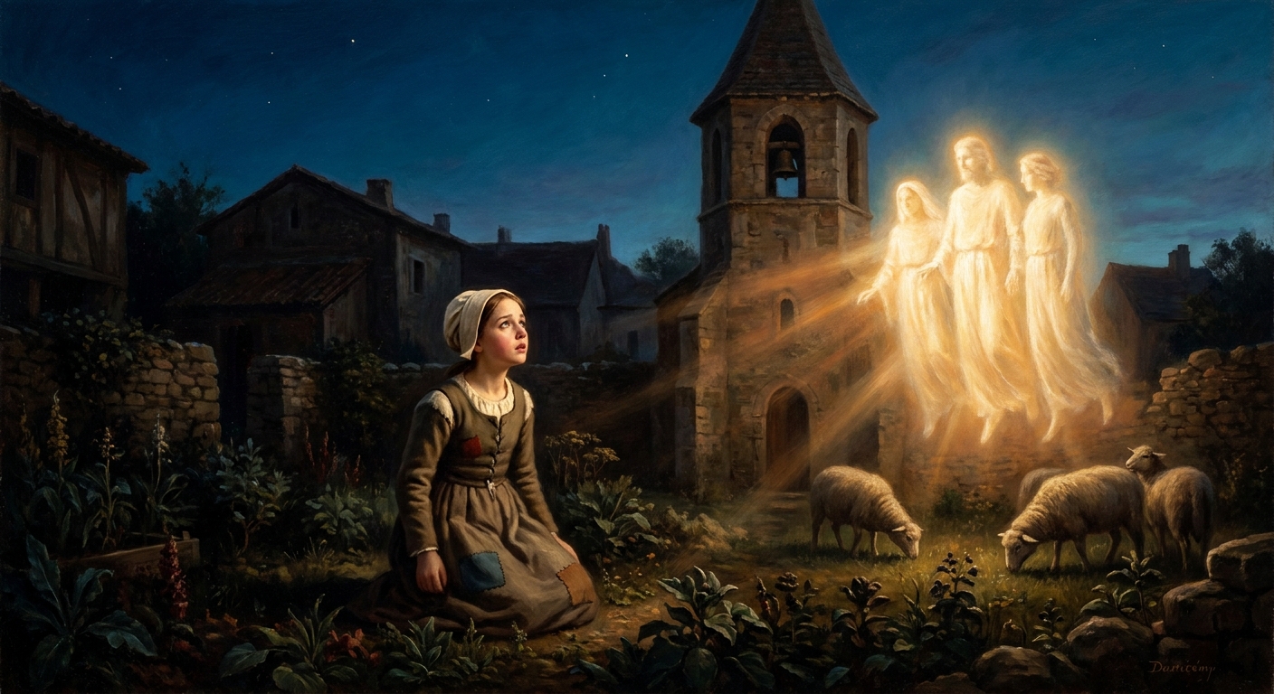 Domrémy, 1425 — in the garden and the fields, a peasant girl hears three saints speak her name and give her a mission no general has managed to complete