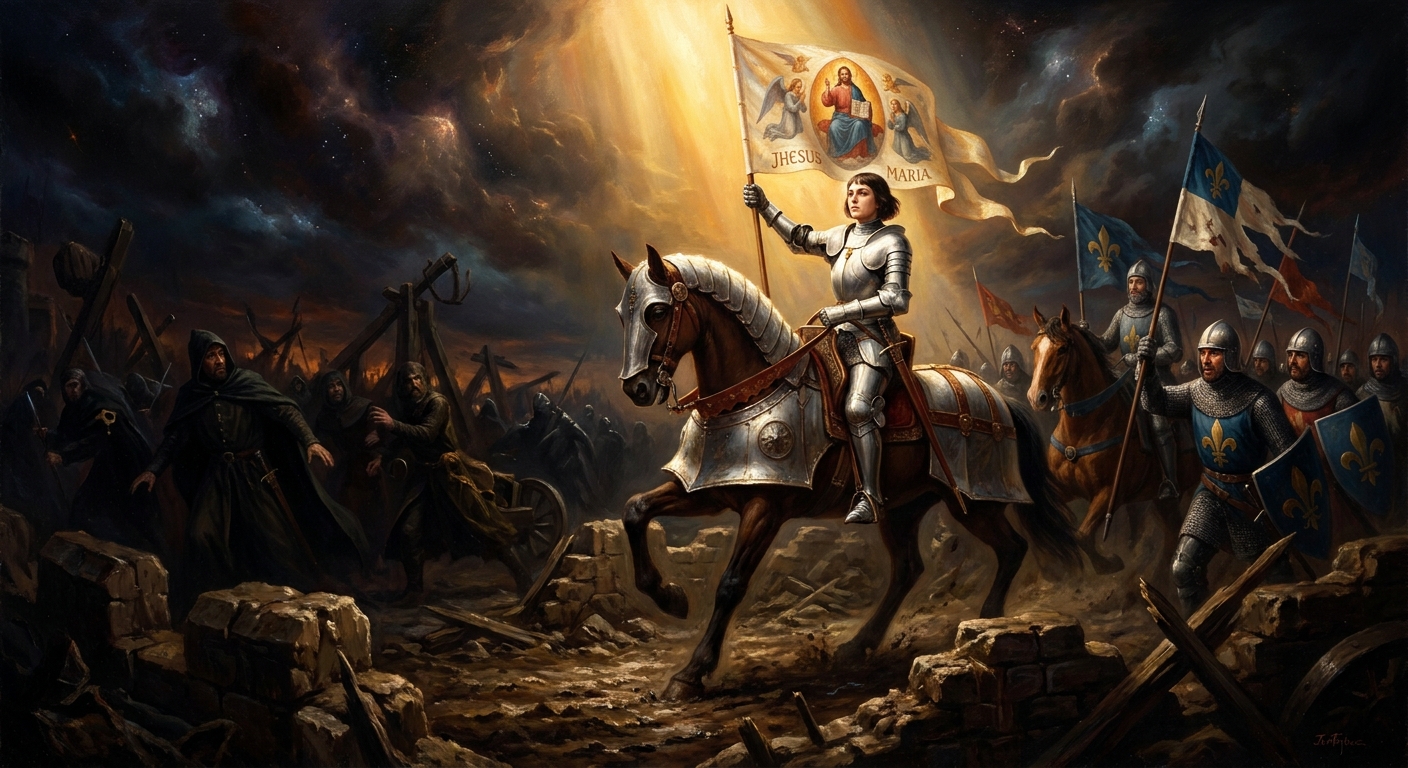 Orléans, May 1429 — the Maid rides beneath her white standard into a siege that has held for seven months; nine days later the English are gone