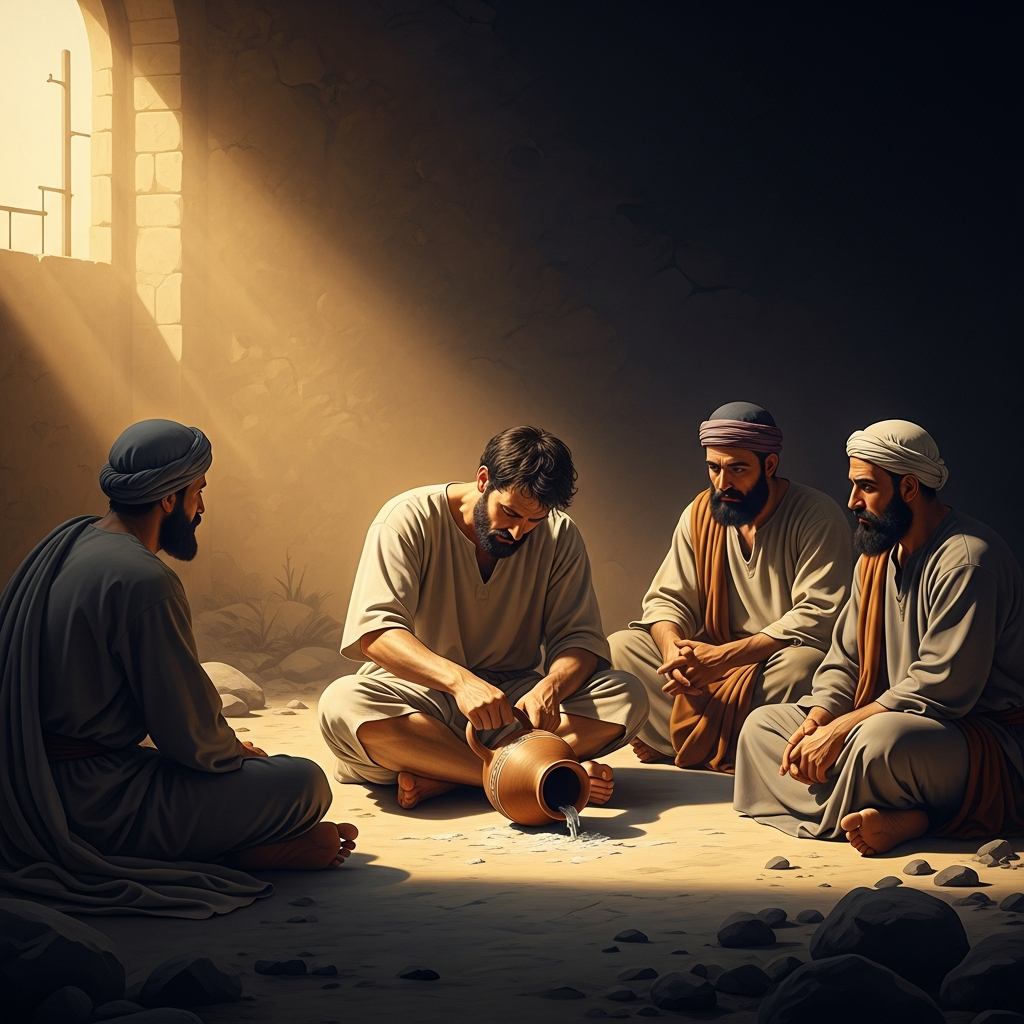 Job sits in ash, scraping himself with a potsherd, while his three friends — Eliphaz, Bildad, Zophar — sit on the ground around him in the seventh day of their silence. They have not yet spoken. This is the last moment before the argument begins.