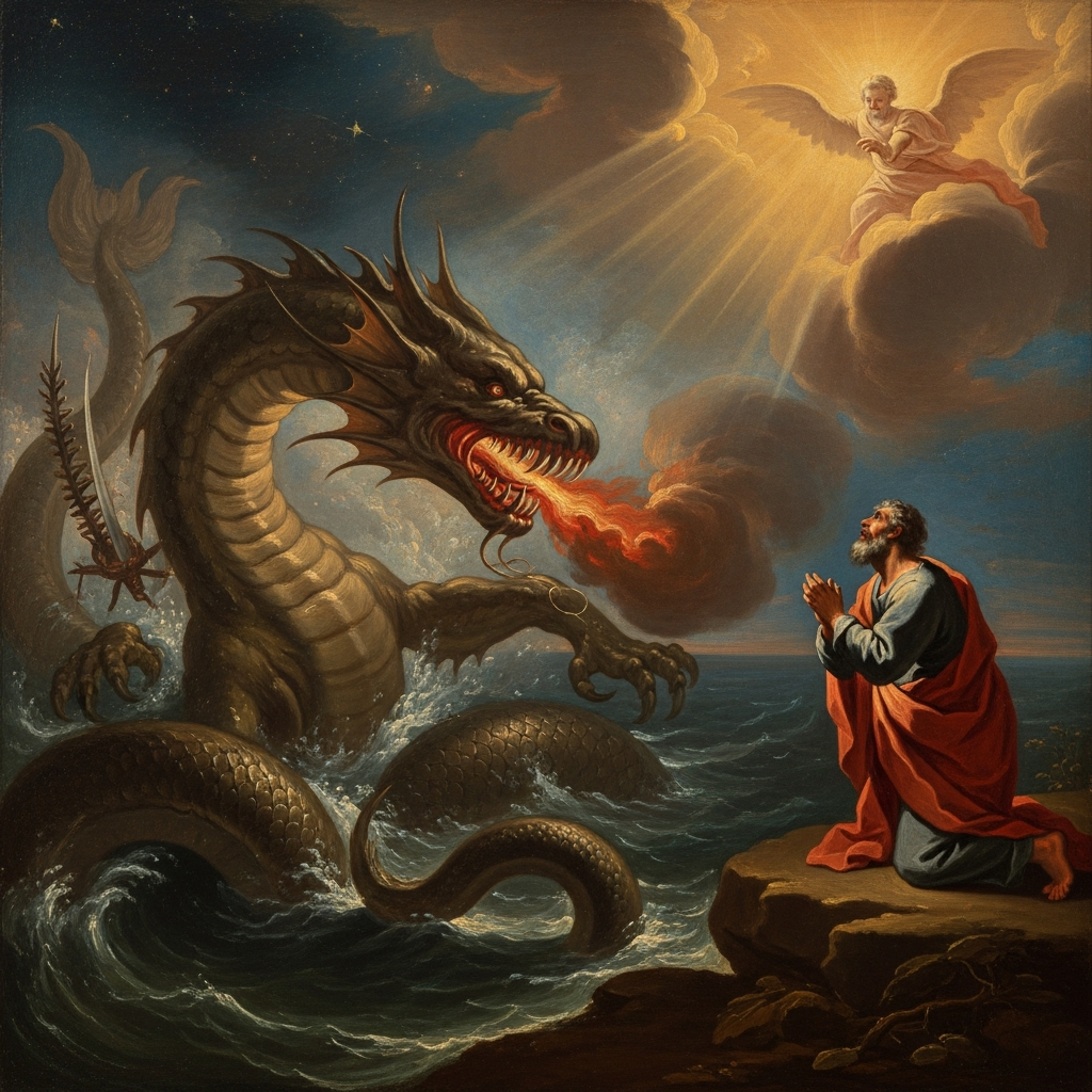 God describes Leviathan to Job — the sea-monster with sword-like teeth and breath like fire, so vast that beside it Job's suffering is a fact in a universe of facts, each one as real and as ungovernable as the last.