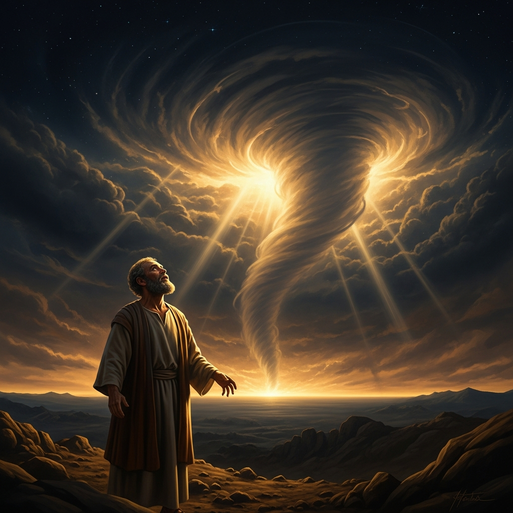 God speaks from the whirlwind on the horizon. Job stands in the foreground, not struck down, not prostrated — standing, face lifted, receiving the counter-question that is not an answer but is enough.