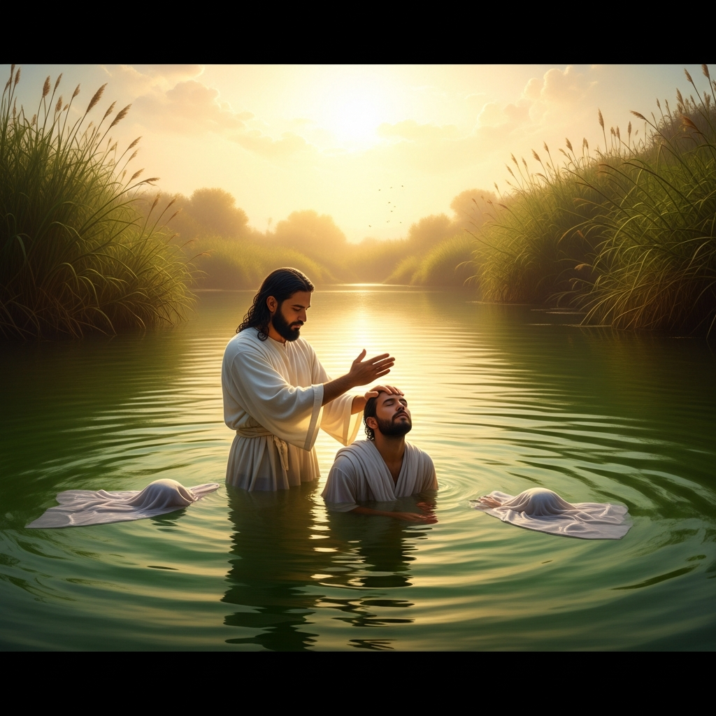 Yahia Yuhana standing waist-deep in the green waters of the Jordan at dawn, white robes floating around him, both hands raised over the head of a kneeling figure being immersed — the light golden, the riverbanks lush with reeds, the sky enormous.