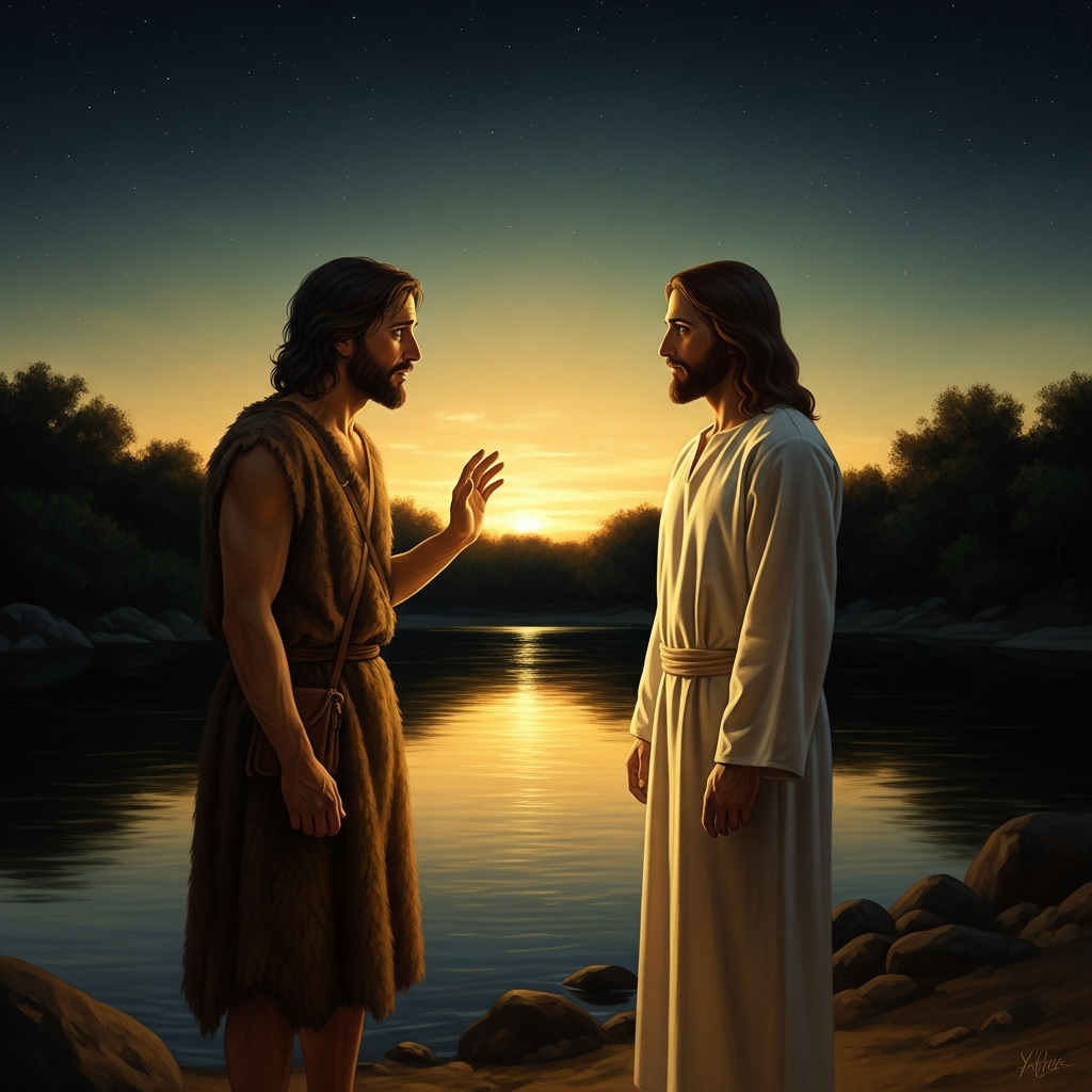 Yahia and Yeshu facing each other on the riverbank at dusk, the Jordan behind them, Yahia in the posture of a teacher about to refuse — his hand raised slightly, his expression troubled, knowing what this encounter will cost.