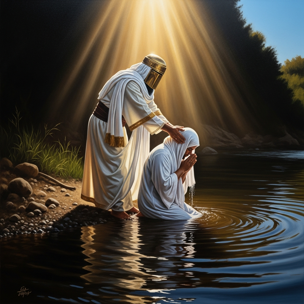 A Mandaean priest in white robes performing masbuta at the edge of a river, immersing a kneeling worshipper in flowing water under a clear sky — the same ritual unchanged for two thousand years, somewhere in Iraq or diaspora.
