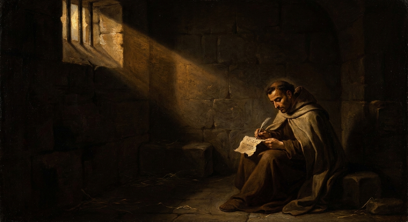 John of the Cross writing the *Dark Night* in his cell, sixteenth-century Spain — the older script she lived inside.