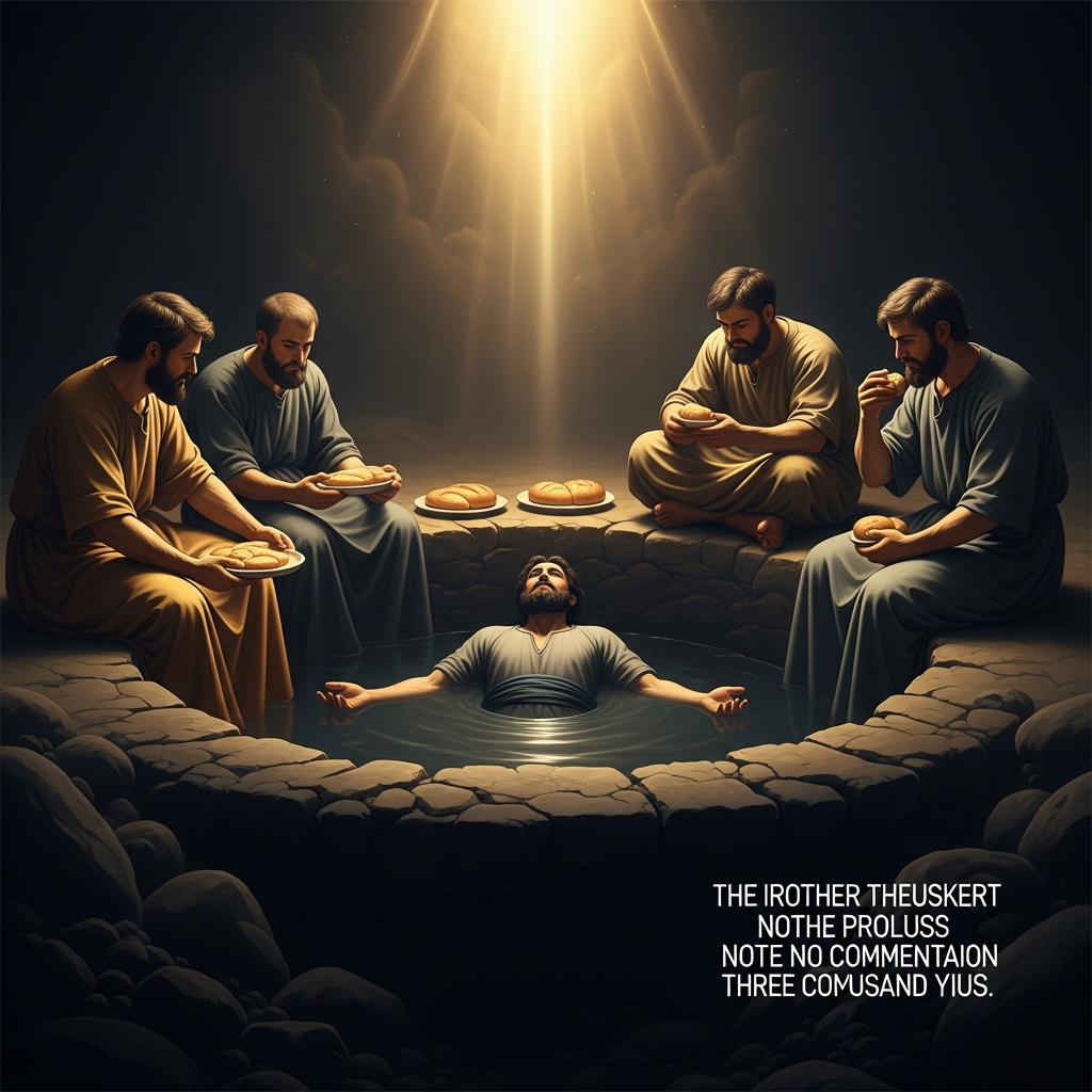 The pit is empty of water. That detail matters — the brothers checked first, or the narrator checked for us. He will not drown. He will simply lie in the dark and listen to his brothers sit down to eat bread above him. The text notes the meal with no commentary. The rabbis will supply the commentary for three thousand years.