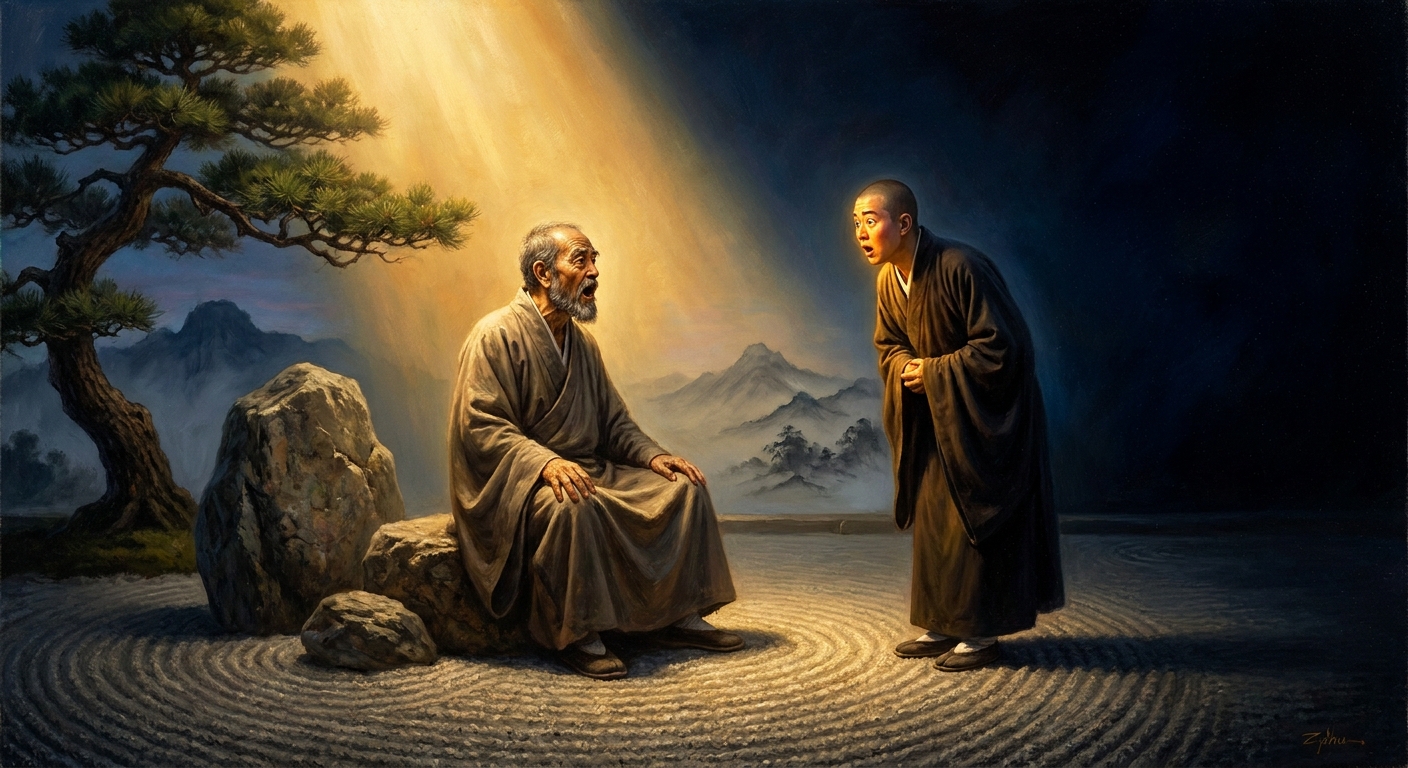 A single syllable — *Mu* — leaving the master's mouth. The monk's face beginning to break.
