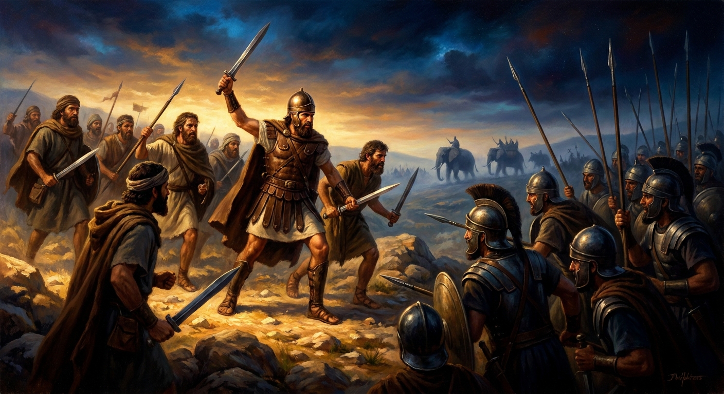 Judah the Maccabee — 'the Hammer' — leads his fighters through the Judean hills. A priest's son commanding farmers and shepherds against Seleucid phalanxes. He wins not through superior force but through terrain, timing, and the specific fury of a people who have nothing left to lose.