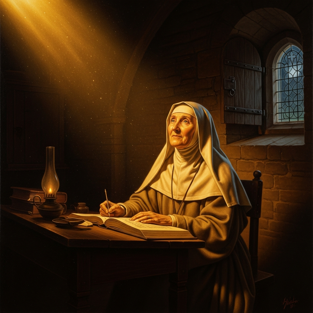 Twenty years later, in the anchorhold at St. Julian's, she writes the Long Text — twenty years of asking what the visions meant, answered at last.