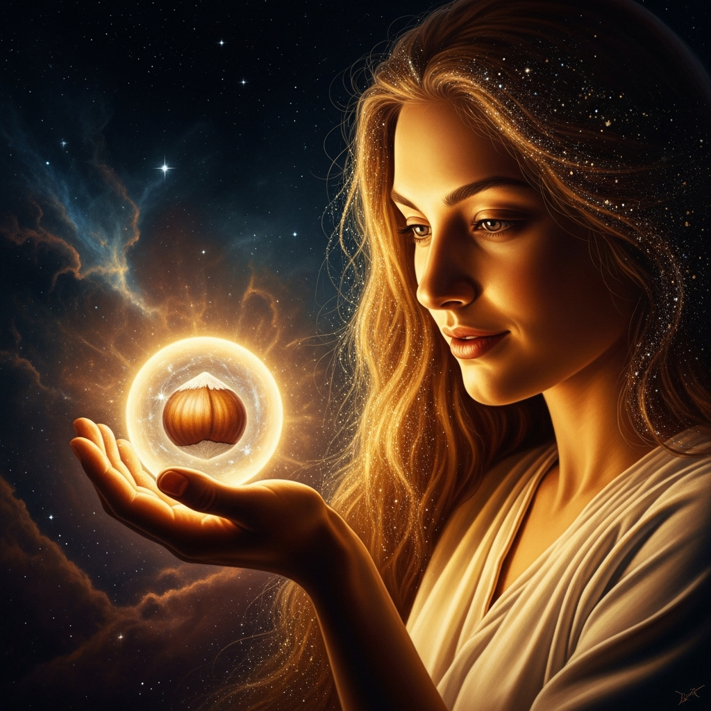 In her palm, a thing the size of a hazelnut: all that is made, held in being by nothing but love.