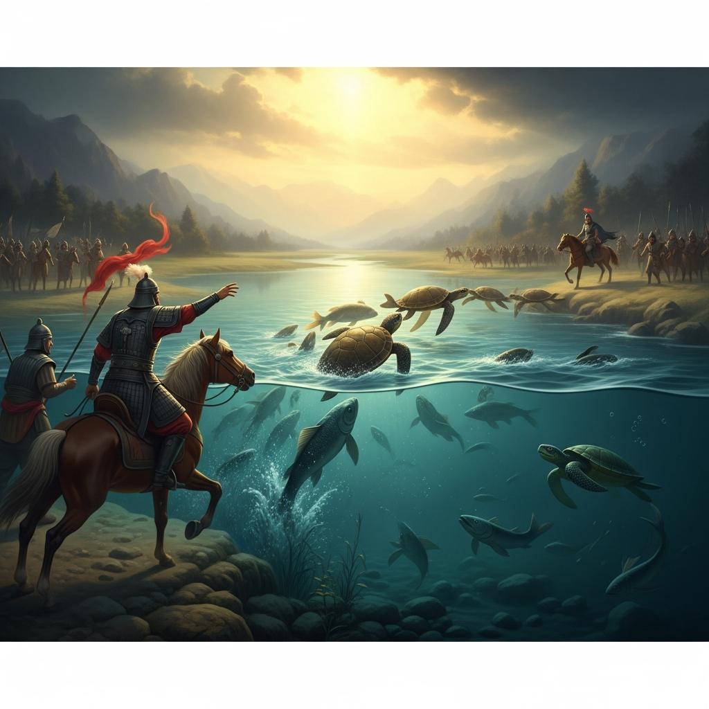 Jumong flees south on horseback with the crown prince's soldiers behind him. At the river, there is no ford and no bridge. He calls to the water. He says: I am the son of the River God's daughter and the grandson of Habaek. Fish and turtles rise and form a bridge. He crosses. They sink back into the water.