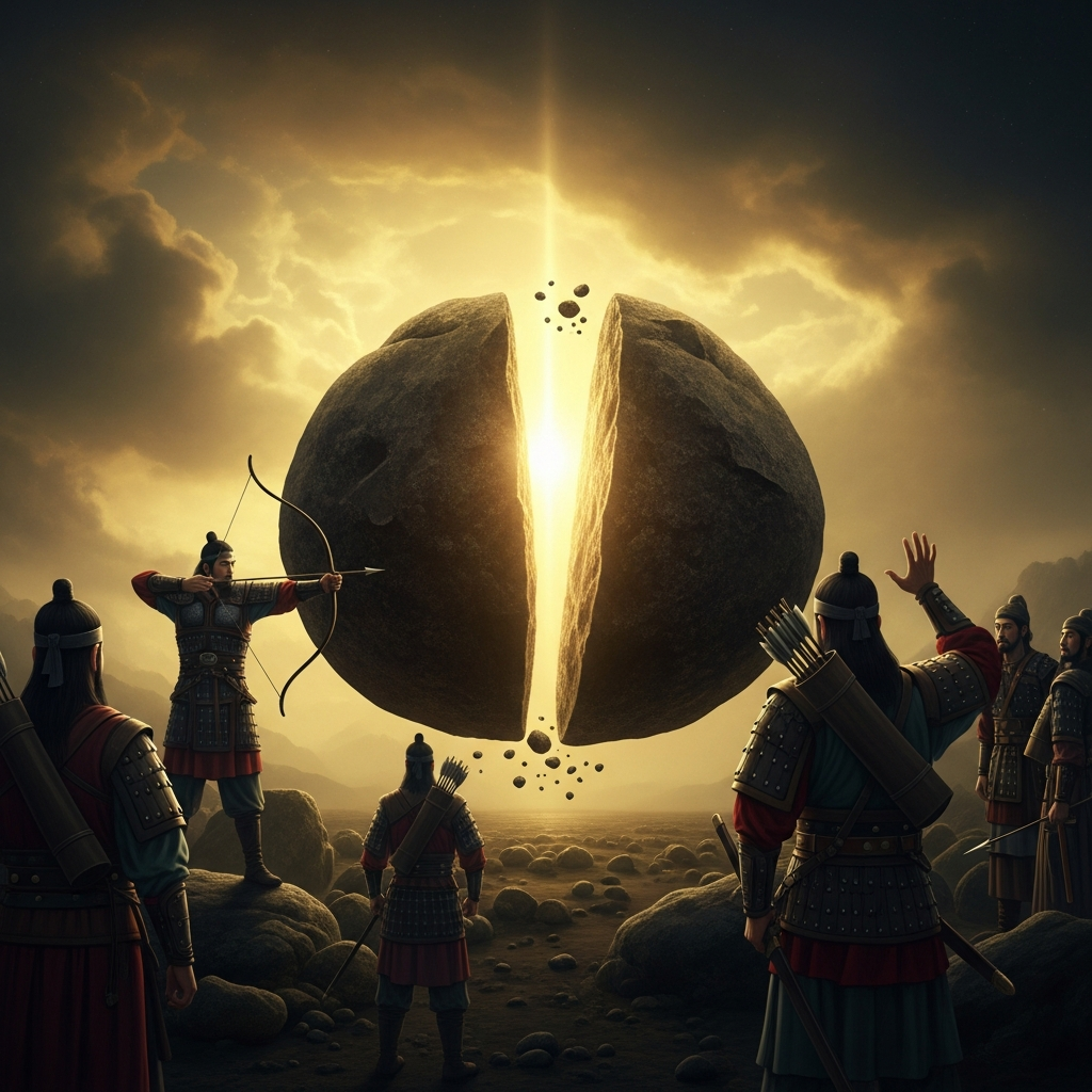 Jumong arrives in the south at the site of what will become Goguryeo. He takes his bow and shoots an arrow at a boulder the size of a house. The boulder splits in two. The people who watch him do this understand: here is the one who came to found the kingdom.