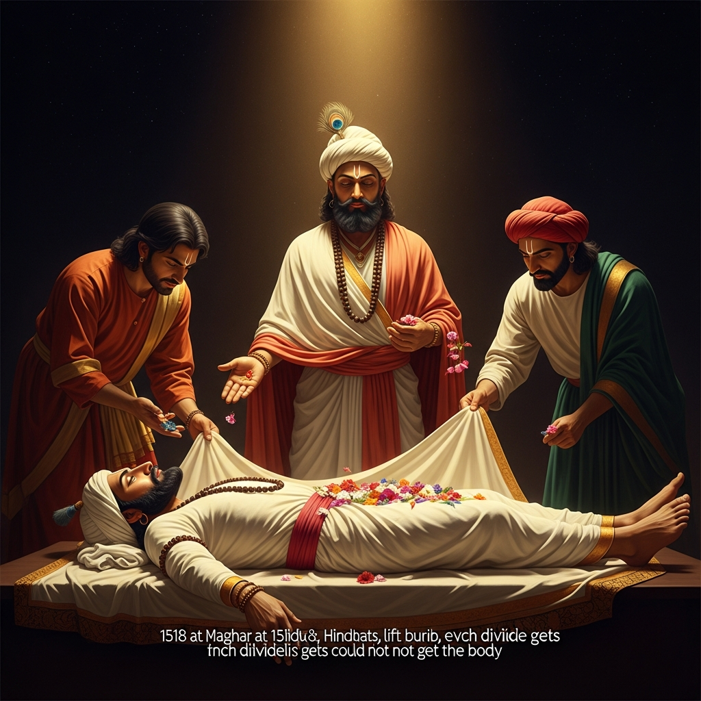 He dies at Maghar in 1518. The Hindus want to cremate the body. The Muslims want to bury it. They lift the cloth that covers him and find only flowers. They divide the flowers. Each tradition gets the relic it could not have got from the body.