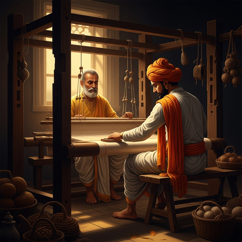 He weaves at the loom in the morning. He sings dohas in the afternoon. He sells the cloth in the evening. The work and the poetry and the marketplace are not separate practices. The shuttle going back and forth is the discipline.