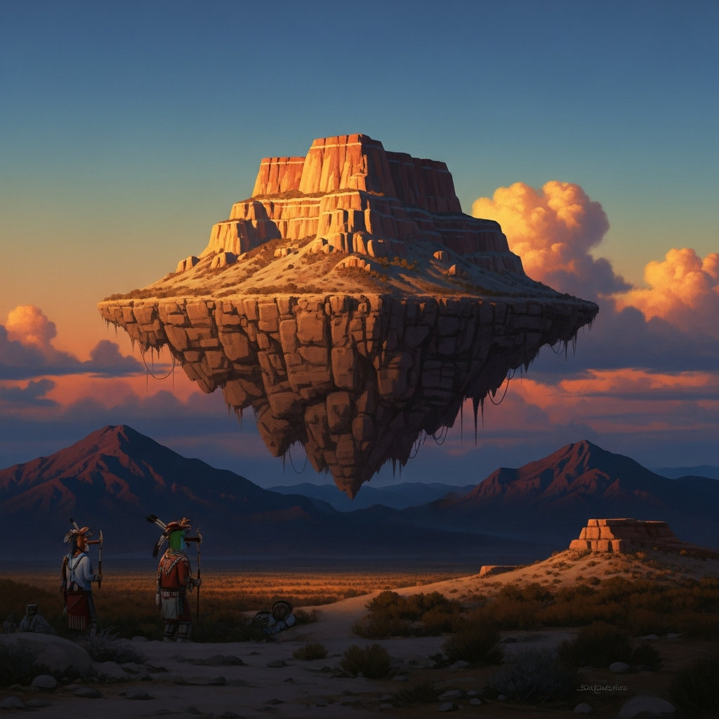 The San Francisco Peaks at dusk, seen from the Hopi mesas sixty miles east. The mountains float above the desert, their upper elevations touched with the last light. The ceremony of departure is behind us. The kachinas are already on their way home.