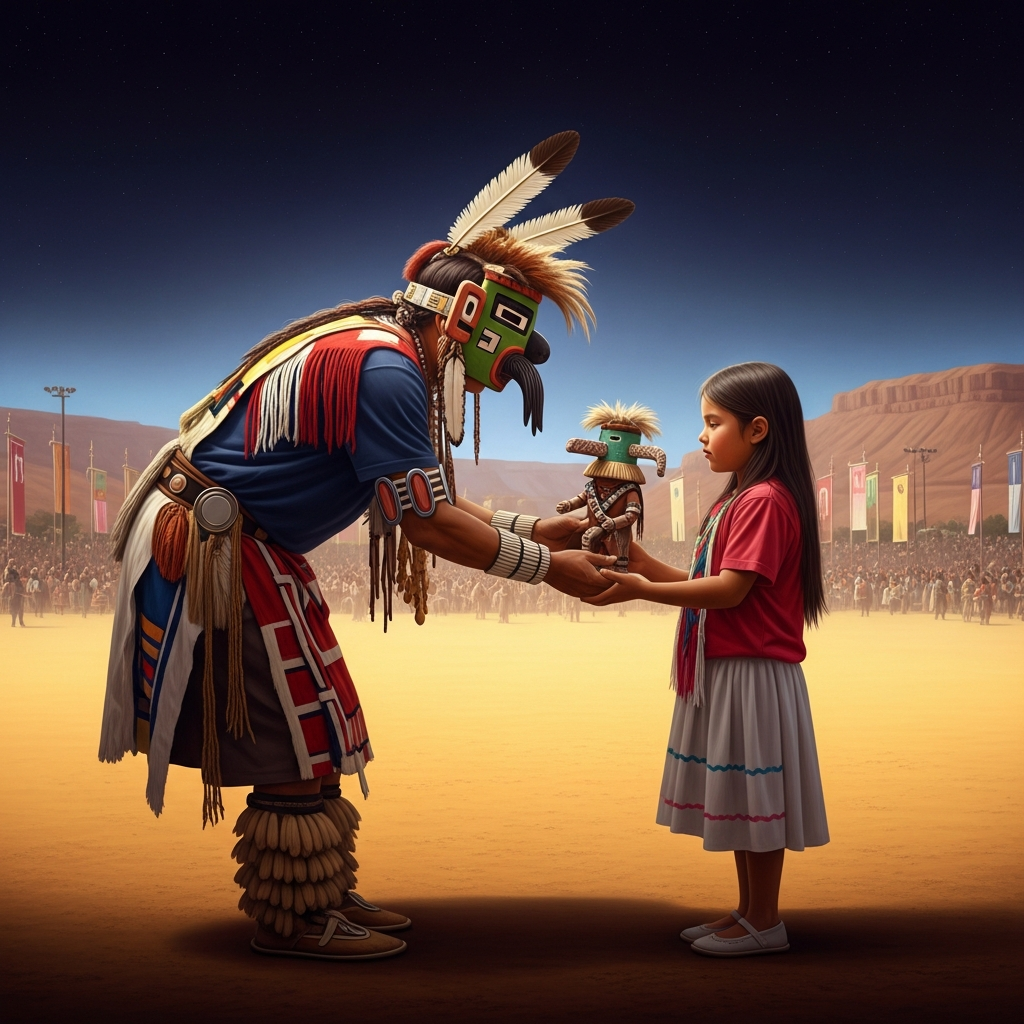 A kachina dancer — masked, costumed, his identity fully subsumed into the spirit he embodies — bends to hand a small carved cottonwood figure to a Hopi girl of perhaps six. She holds it with both hands and looks at its face. The plaza stretches behind them, full of ceremony.